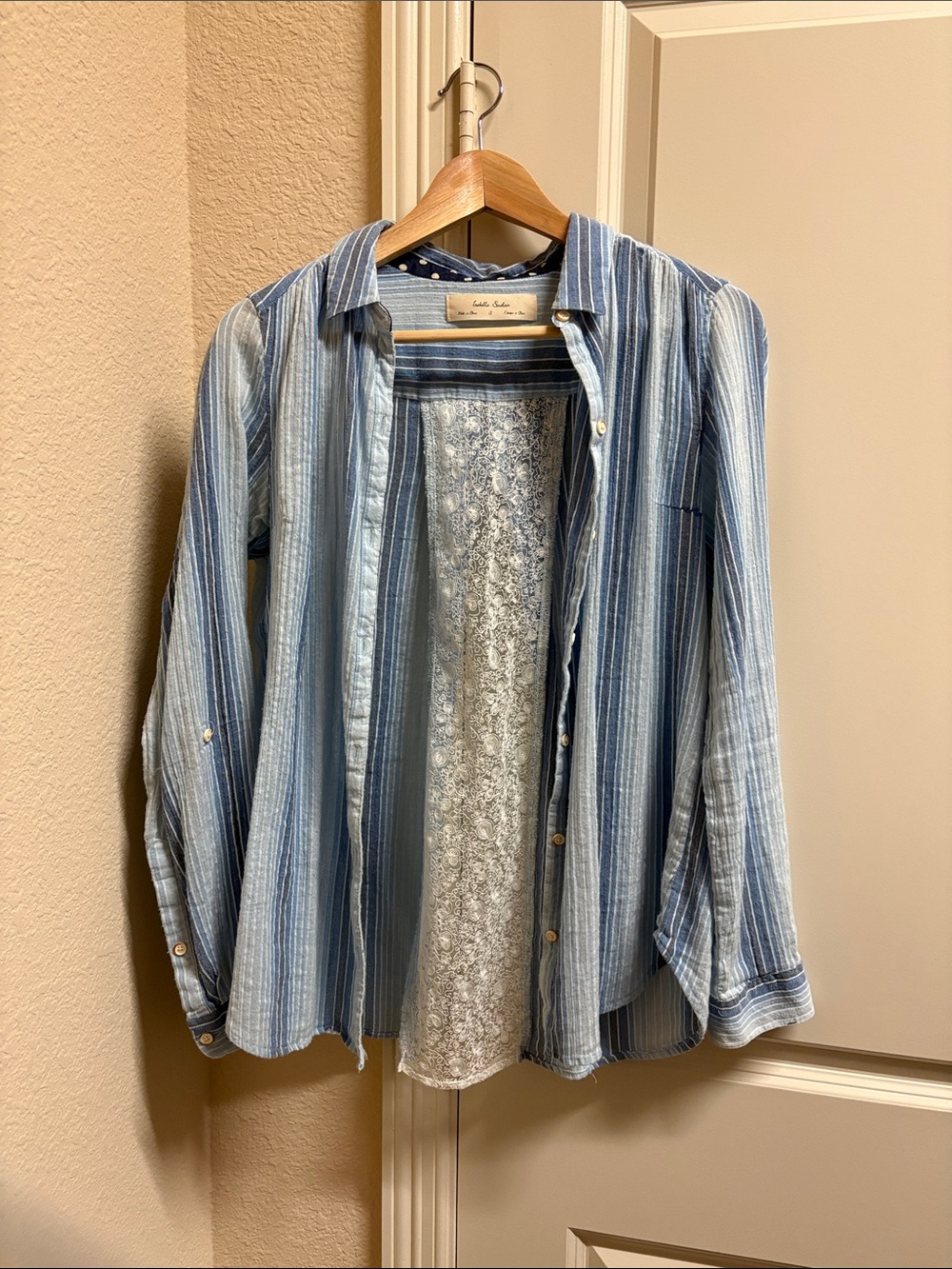 Anthropologie Button Down Shirt with lace back detail. Size Small.